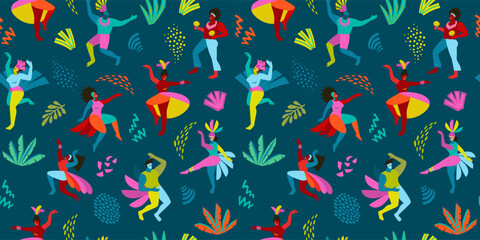 Vector seamless pattern with abstract men and women in bright costumes. Brazil carnival. Design templates for carnival concept and other