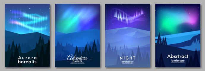  Aurora borealis landscape. Poster, cover, flyer template. Flat style. Set of abstract background. Vector illustration. Beautiful aurora with forest. Night starry sky.  - obrazy, fototapety, plakaty
