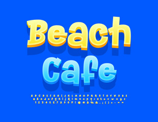 Vector stylish Sign Beach Cafe  Sunny Yellow Font. Funny handwritten  Alphabet Letters and Numbers.