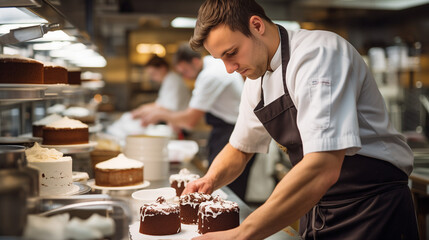 baker in a busy professional kitchen / bakery producing on cake after another - obrazy, fototapety, plakaty