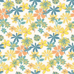 Fototapeta na wymiar Colorful yellow seamless pattern with simple shape organic flowers. Vector hand drawn sketch doodle. Abstract summer background with liberty floral. Design for print, fashion, textile, fabric
