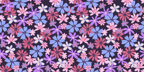 Colorful stylized shape flowers seamless pattern. Vector hand drawn sketch doodle. Abstract simple liberty floral printing. Design for fashion, textile, fabric, wallpaper