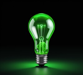 Green Light Bulb on Black Background Generative AI