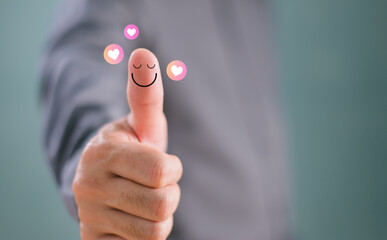 Customer experience compliment concept. Thumb up happy smile face, good feedback rating positive customer review, mine satisfaction survey, mental health assessment, feeling good mental health day - obrazy, fototapety, plakaty