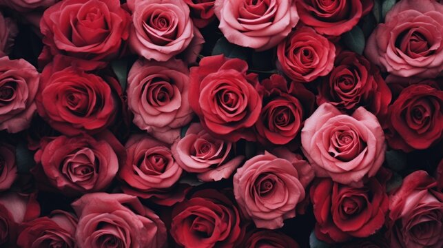 many red roses in a small bouquet Happy Valentine's Day Red rose flower wall background.