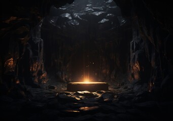 A cave with a lit torch and a stone circle Generative AI