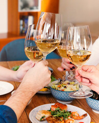 Friends toasting with wine during dinner