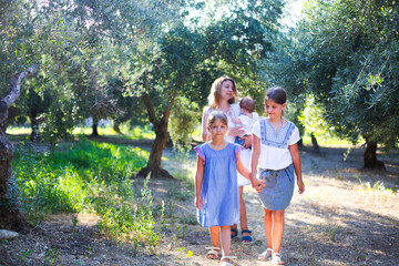 Fototapeta premium Mother and three children in olive grove