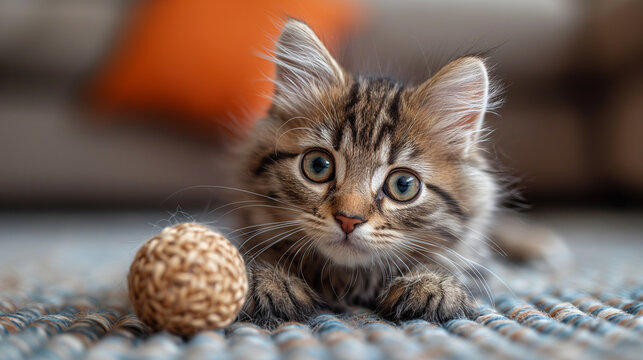 Cute small cat with long fur and beautiful eyes is playing with the ball. Selective focus. Animal care concept. Home background 