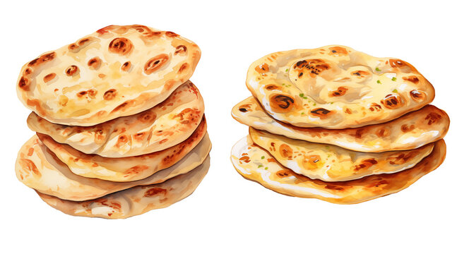 set of stack of bread naan butter garlic watercolor illustration png isolated on a transparent background, indian asian food clipart 
