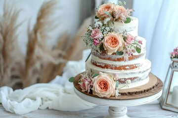 Obraz na płótnie Canvas Rustic wedding cake, Peach roses theme, photograph , copy space.