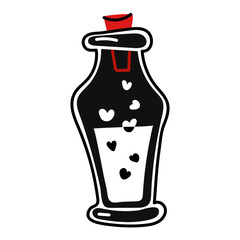 An elongated bottle with a black love potion for Valentine's Day. Isolated vector doodle illustration in red and black colors. A closed bottle with bubbling liquid and hearts for lovers. Contour lines