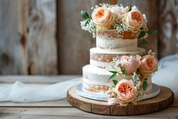 Obraz na płótnie Canvas Rustic wedding cake, Peach roses theme, photograph , copy space.