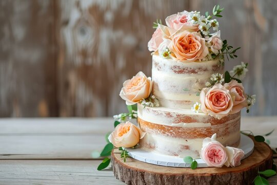 Rustic wedding cake, Peach roses theme, photograph , copy space.