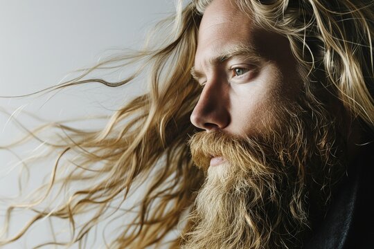 Profile portrait of handsome Caucasian bearded blonde man contented expression and healthy long hair