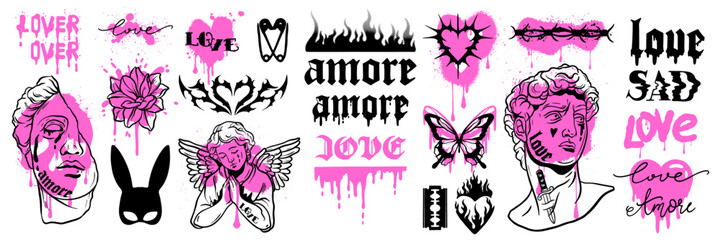 Y2k love tattoo sticker set, gothic heart icon, vector 90s vintage glam Valentine Day, angel. Greek sculpture head, 2000s trendy emo butterfly, fire flame, pink graffiti lettering. Y2k love aesthetic © Oleksandra