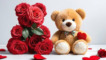 Valentine's Day. Background for February 14. Cute teddy bear with a colorful bow and red roses. Plush bear toy - nice Valentine's Day gift.  