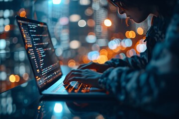 A concept of using digital technology in data science, where a computer engineer programs on a laptop to control data exchange and management with AI and business intelligence.