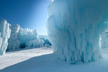 icicles on large ice sculptures. Man made ice castle 