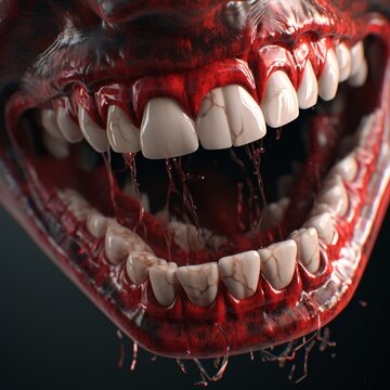 A close-up of a mouth with teeth and blood dripping from the mouth Generative AI
