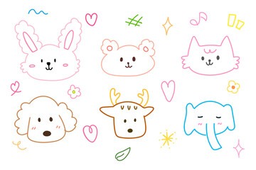 Cute face animal hand drawn doodle for element illustration and kid. Rabbit, bear, elephant, dog, cat and deer.