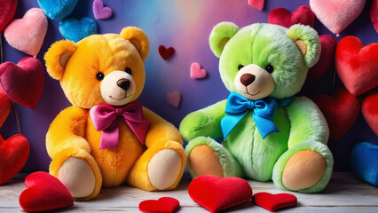 Valentine's Day. Background for February 14. A pair of cute teddy bears with red hearts. Plush fluffy bears on purple background. Awesome colorful teddy bears with bows. Happy toys