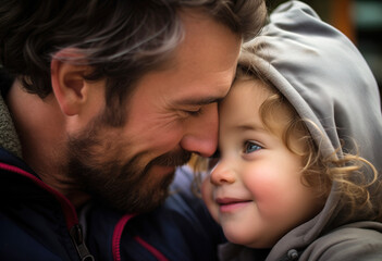 Tender hug of a father and kid outdoors
