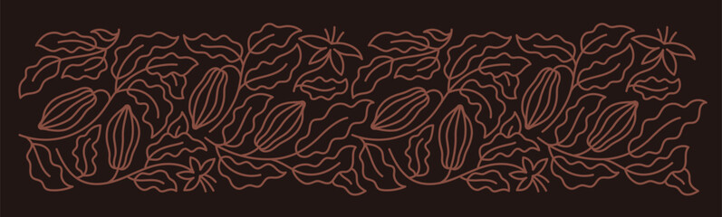 Chocolate pack background. Cocoa bean floral ornament. Beans and branches leaves. Editable outline stroke. Vector line. Horizontal banner.