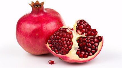 Half of a pomegranate on a white background, viewed from the top.