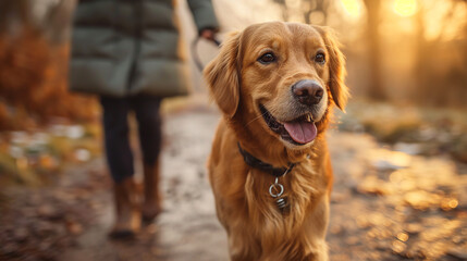 Curious brown dog is walking with his owner outdoors. Selective focus. Animal care