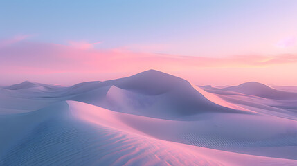 A desert landscape, with undulating sand dunes and a gradient sky displaying pastel colors, during...