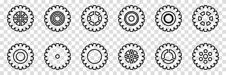 Simple Gear wheel collection. Cogwheel. Gears icon outline set. Setting gears icon. Machine gear icon vector set. Gear icons. Different style icons set. Vector illustration on a transparent background