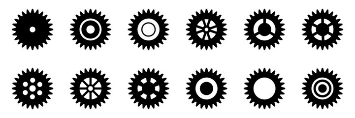 Collection of mechanical cogwheels. Gears icon set. Setting gears icon. Vector illustration with black silhouettes sprocket icons or signs design element. White background. - obrazy, fototapety, plakaty