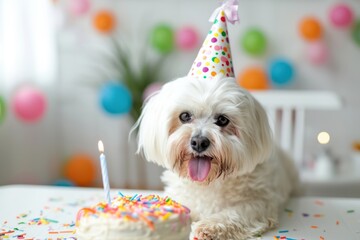 Happy dog in a party hat celebrate Birthday