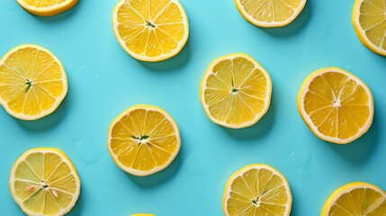 Fruit pattern. Colorful of fresh lemon texture slices on blue background. From top view.