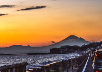 Sunset Cars Highway Mt Fuji Sagami Bay Kamakura Kanagawa Japan
