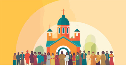 diversity and inclusivity of temple congregations in a vector scene featuring individuals of different backgrounds, ages, and ethnicities coming together for worship. 