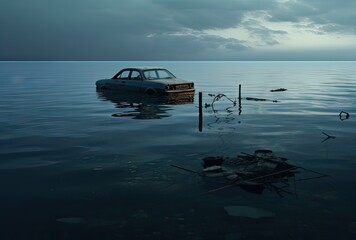 Submerged Car in Serene Waters at Dusk