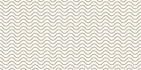 Subtle horizontal thin wavy lines seamless pattern. Black and white vector texture with curvy waves, stripes. Simple abstract minimal background. Elegant minimalist repeat ornament. Modern geo design - obrazy, fototapety, plakaty