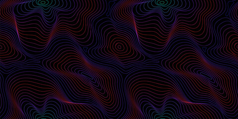 Vector fluid curved lines seamless pattern. Abstract striped geo background, dynamical ripple surface, 3D visual effect, illusion of movement, flow. Trendy neon colors: red, purple and blue gradient