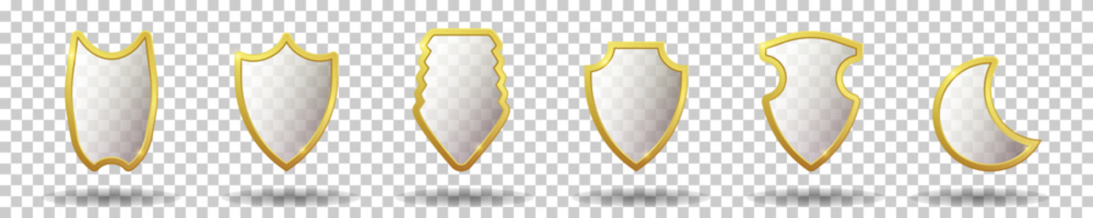 Set of realistic golden heraldic shields. Vector illustration. - obrazy, fototapety, plakaty