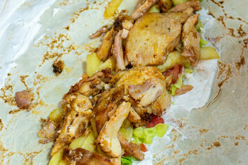 Close-up of delicious chicken shawarma sandwich with Arabic bread.