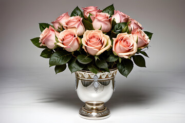 Obraz na płótnie Canvas A beautiful image depicting a gorgeous roses boquet on a diamonds-decorated vase, ai generated
