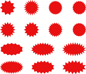 Starburst red sticker set - collection of special offer sale oval and round shaped sunburst labels and badges. Promo stickers with star edges. Vector.