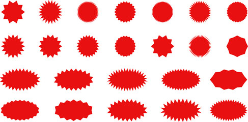 Starburst red sticker set - collection of special offer sale oval and round shaped sunburst labels and badges. Promo stickers with star edges. Vector.