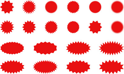 Starburst red sticker set - collection of special offer sale oval and round shaped sunburst labels and badges. Promo stickers with star edges. Vector.