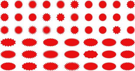 Starburst red sticker set - collection of special offer sale oval and round shaped sunburst labels and badges. Promo stickers with star edges. Vector. - obrazy, fototapety, plakaty