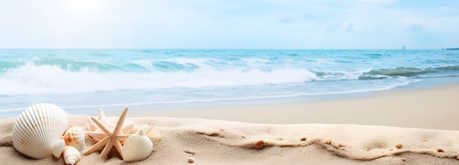 Fototapeta na wymiar Sun, sea, starfish and shells on a.beach, copy space