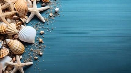 Starfish and shells on a blue background, copy space