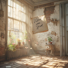 Commercial photography, close up, A handwritten piece of paper hangs in her room with the words "I love you" written on it.
